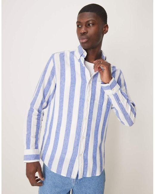 Camisa A Rayas Con Logo De Escudo De Algodón Y Lino De Gant de hombre de color Blue