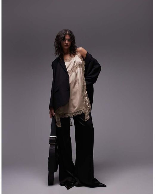 TOPSHOP Mini-Jurk Van Satijn Met Kanten Rand in het Brown