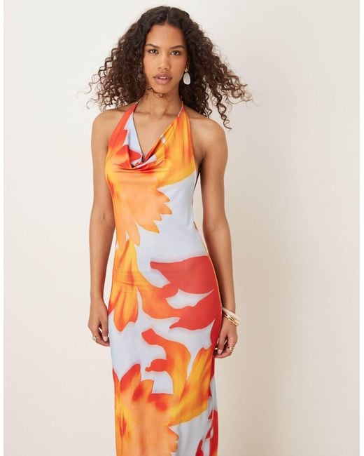 ASOS White Mesh Super Plunge Cowl Halter Dress With Blown Up Hibiscous Print