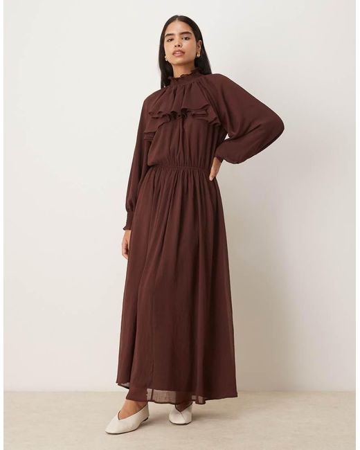 ASOS Brown High Neck Ruffle Detail Chiffon Maxi Dress