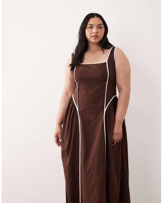 ASOS Brown Asos Design Curve Square Neck Midi Sundress With Sculpted Bust And Contrast Piping