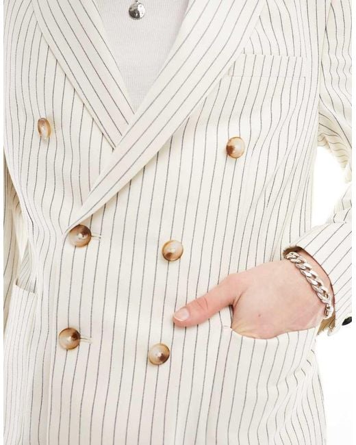 Twisted Tailor White Pinstripe Double Breasted Slim Suit Jacket for men