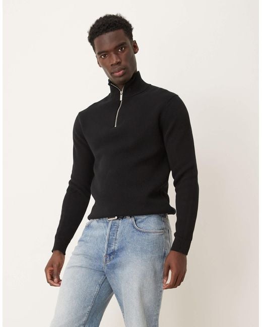 SELECTED Blue 100% Cotton Knitted Half Zip Jumper for men