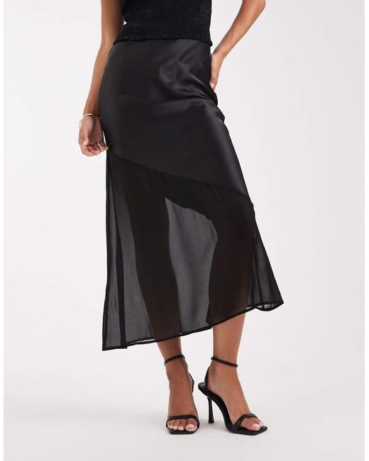 New Look Black Satin And Chiffon Bias Midi Skirt