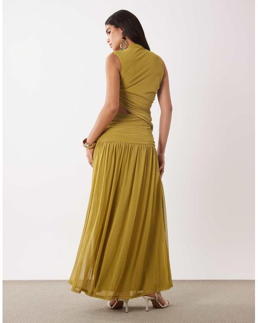 ASOS Metallic Ruched Mesh High Neck Maxi Dress With Wire Hardware Trim