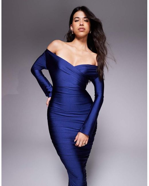 Ruched & Ready Blue You Wish Sculpted High Shine Off Shoulder Sweetheart Neck Maxi Dress