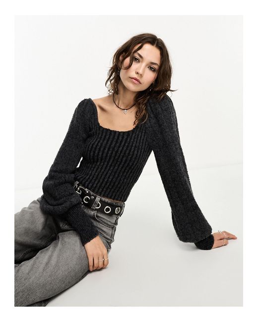 Free People Black Soft Puff Sleeve Square Neck Sweater