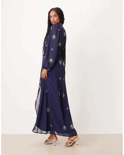 Hope & Ivy Blue Embellished Wrap Front Maxi Dress