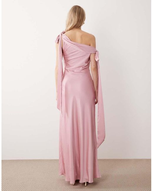 TFNC London Pink Bridesmaids Fallen Shoulder Satin Maxi Dress