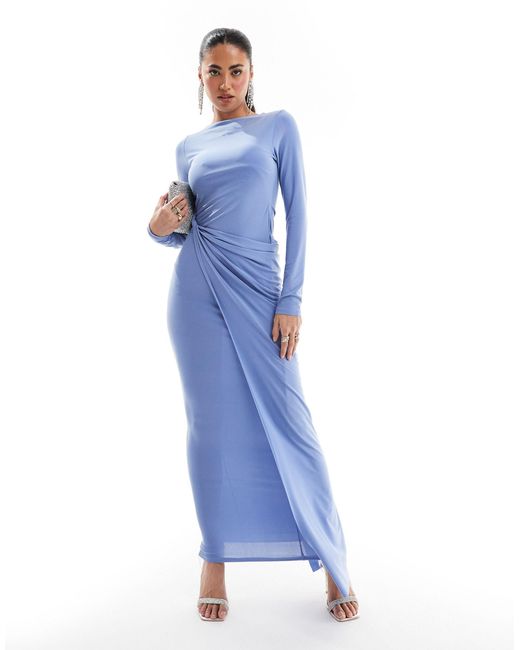 ASOS Blue Long Sleeve Drape Detail Maxi Dress