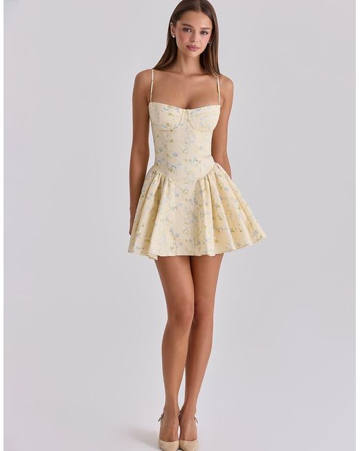 House Of Cb Natural Samaria Lemon Floral Print Cotton Corset Mini Dress