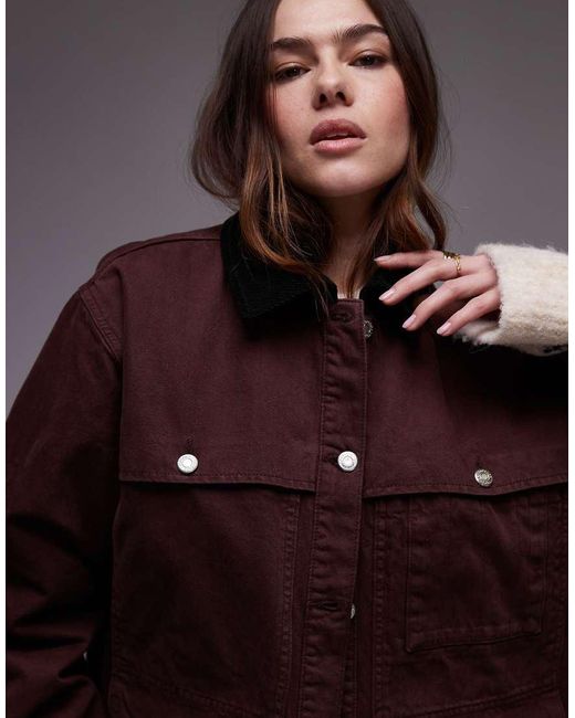 TOPSHOP Brown Denim Trucker Jacket With Contrast Cord Collar