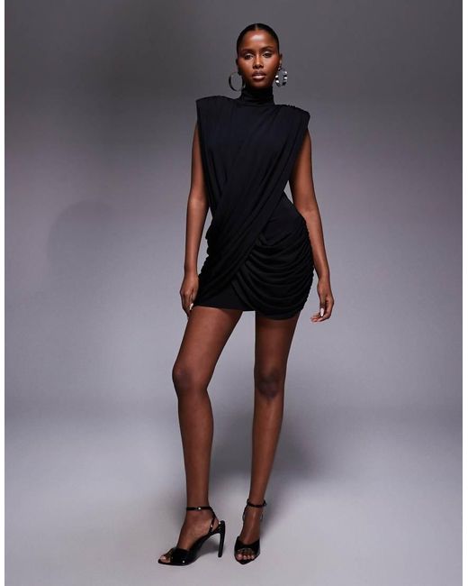 Ruched & Ready Blue Sculpting High Neck Padded Shoulder Detail Extreme Drape Front Mini Dress