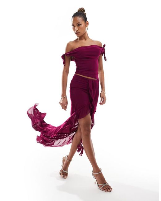 Murci Red Exclusive Mesh Knot Detail Off Shoulder Top And Ruffle Maxi Skirt Set