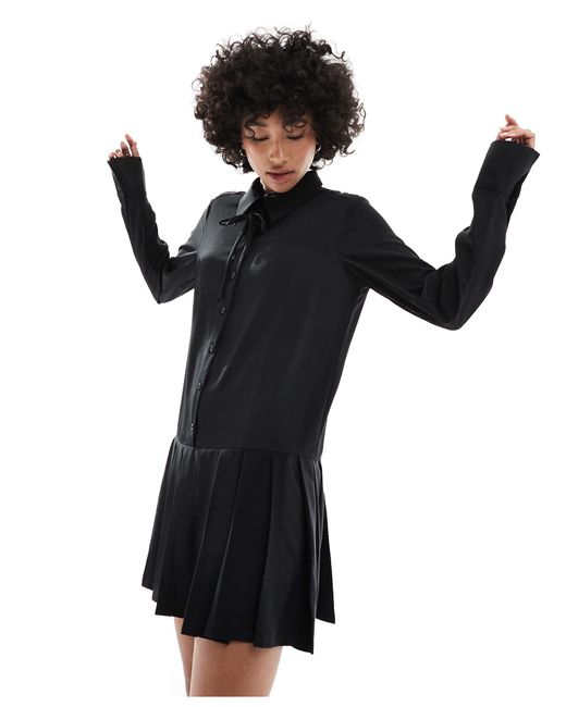 Monki Black Long Sleeve Collar Pleated Mini Dress With Ribbon Bow