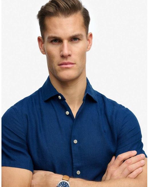 Superdry Blue Riviera Short Sleeve Linen Shirt for men