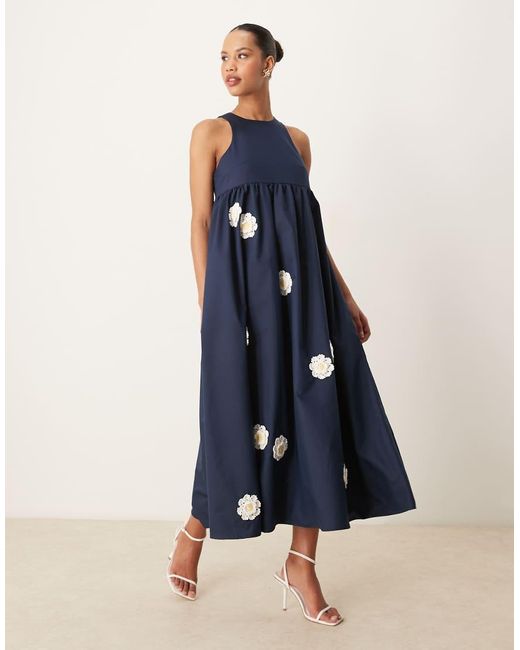 Sister Jane Blue Dream Empire Waist Embroidered Flower Midi Dress