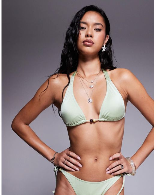 ASOS Gray Simone Shine Triangle Bikini Top With Plaited Strap And Beads