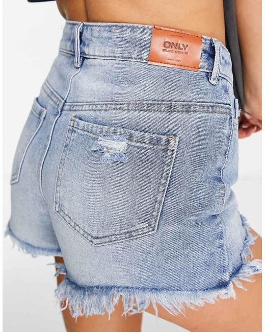 ONLY Blue Pacy High Waisted Ripped Denim Shorts