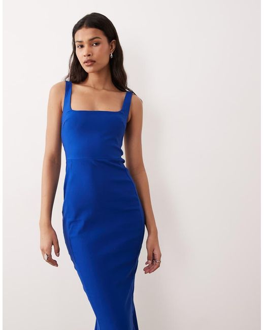 Vesper Blue Bengaline Sleeveless Square Neck Fishtail Midi Dress