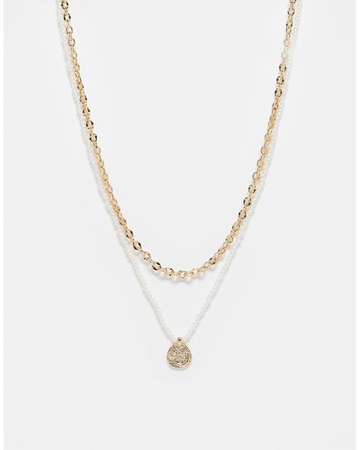 ASOS White Pack Of Two Necklaces With Chain And Faux Pearl Row And Texture-Tone Pendant