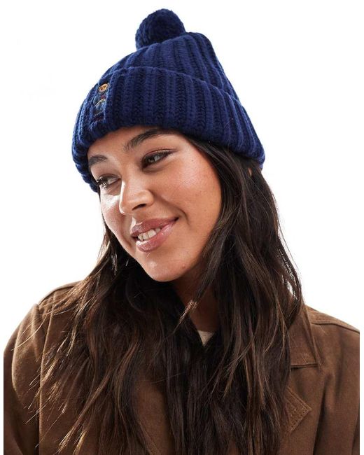 Polo Ralph Lauren Blue Knit Bobble Hat With Bear Logo