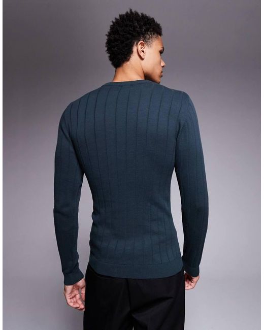 ASOS Blue Muscle Fit Long Sleeve Knitted Rib T-Shirt for men