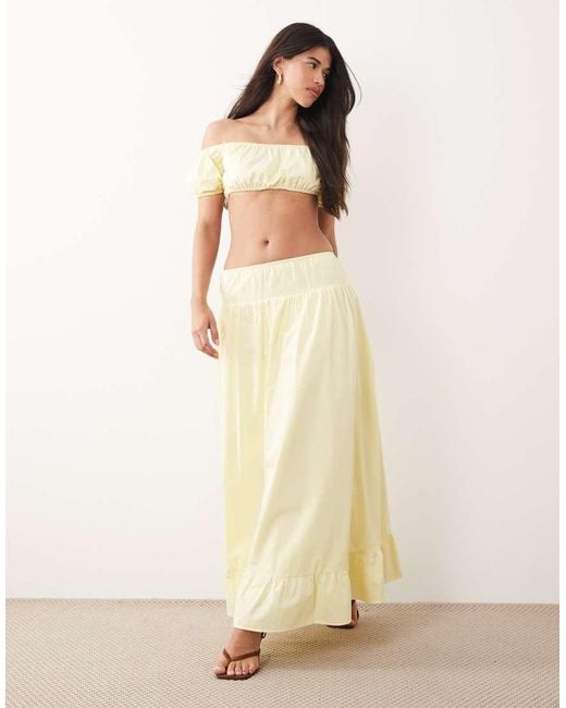 Kaiia Natural Exclusive Cotton Puff Off The Shoulder Sleeve Bandeau Crop Top Co-ord