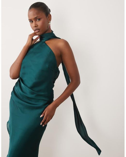 ASOS Green Scarf Detail Asymmetric Satin Midaxi Dress