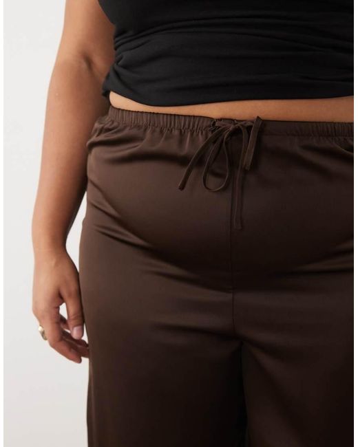 Vila Curve Brown Tie Waist Wide Leg Satin Trousers