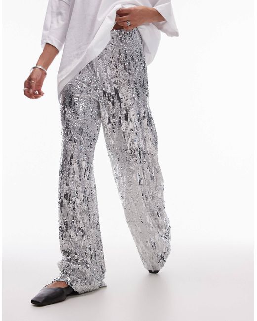 TOPSHOP White Sequin Wide Leg Pants