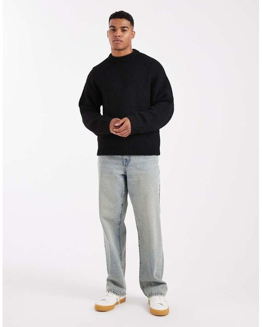 Jack & Jones Black Oversized Crew Neck Fluffy Yarn Jumper for men