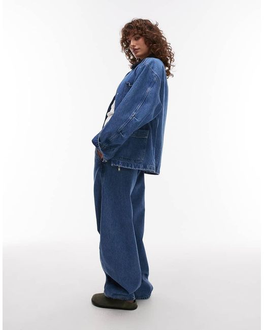 ARKET Blue Denim Oversized Workwear Barn Jacket With Flap Pockets And Contrast Collar