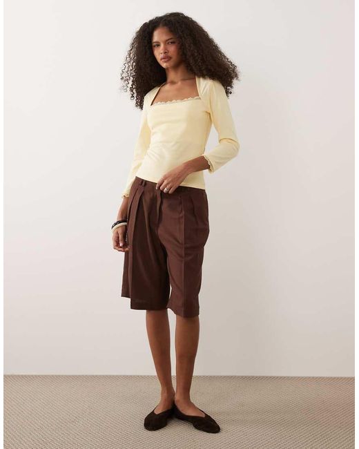 ASOS Brown 3/4 Sleeve Square Neck Top With Lace Hem