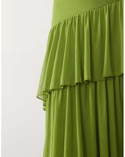 ASOS Green Mesh Asymmetric Tiered Midaxi Skirt