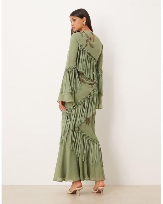 ASOS Green Long Sleeve Floral Embellished Maxi Dress With Draped Fringe