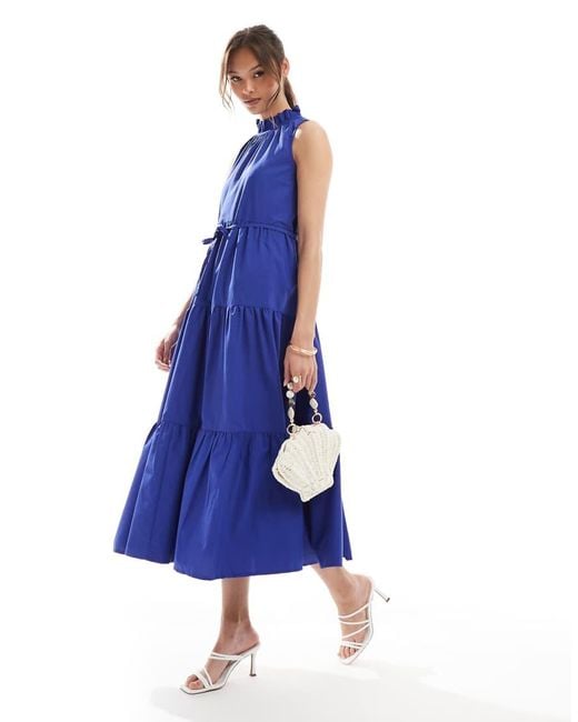 French Connection Blue High Neck Tiered Poplin Midaxi Dress