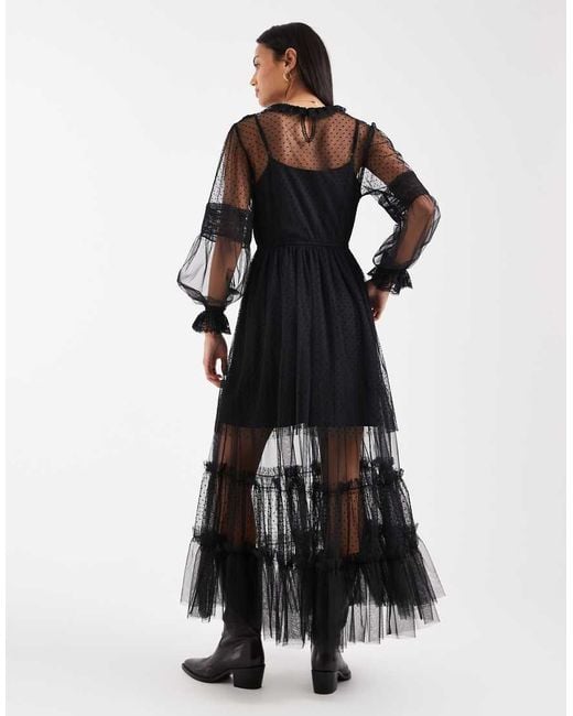 AllSaints Black Nita Long Sleeve Tulle Ruffle Maxi Dress