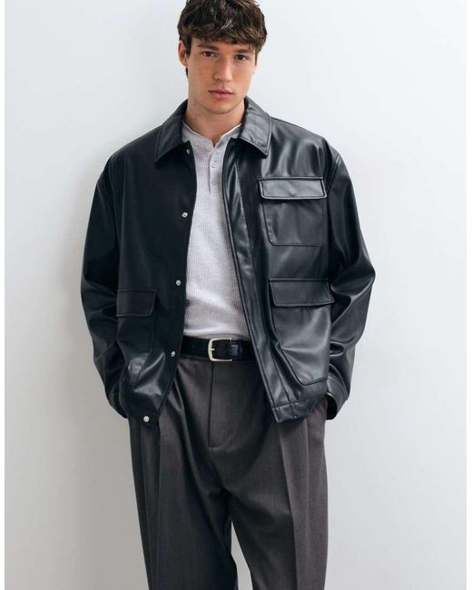 ASOS Blue Oversized Faux Leather Jacket for men