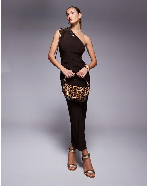 Kaiia Exclusive Double Layered Slinky One Shoulder Drawstring Detail Bodycon  Midaxi Dress in Brown | Lyst UK