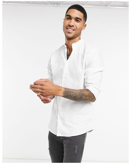 SELECTED Organic Cotton Blend Grandad Collar Shirt in Bright White (White)  for Men - Lyst