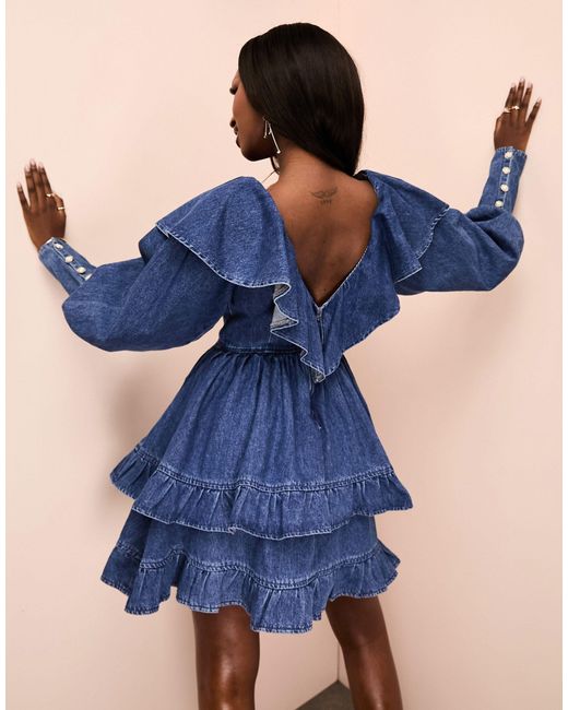 ASOS Blue Denim Ruffle Plunge Tiered Mini Dress With Diamante Buttons