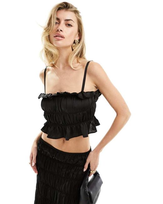 SIMMI Black Simmi Cami Satin Shirred Crop Top