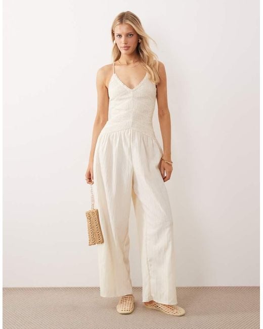 ASOS Natural Cami Shirred Jumpsuit With Lace Trims