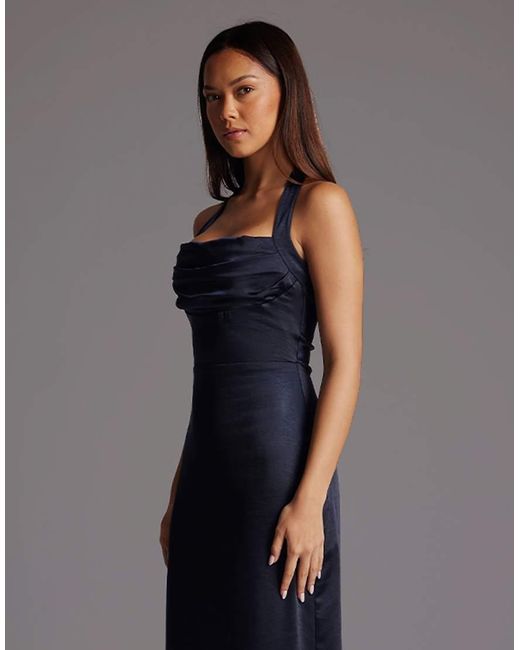Vesper Blue Satin Cowl Halter Neck Maxi Dress