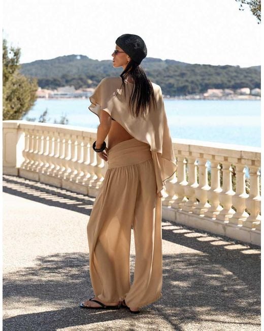 4th & Reckless Metallic Sheer Mesh Ruched Waist Wide Leg Beach Trousers Co-ord