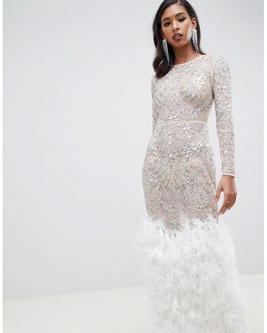 ASOS Natural Embellished Sequin Maxi Dress With Faux Feather Trim