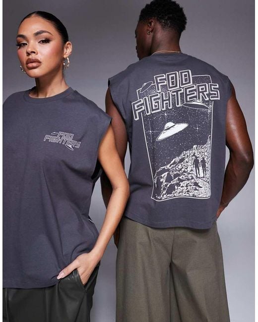 ASOS Gray Unisex Boxy Oversized License Vest With Foo Fighters Prints