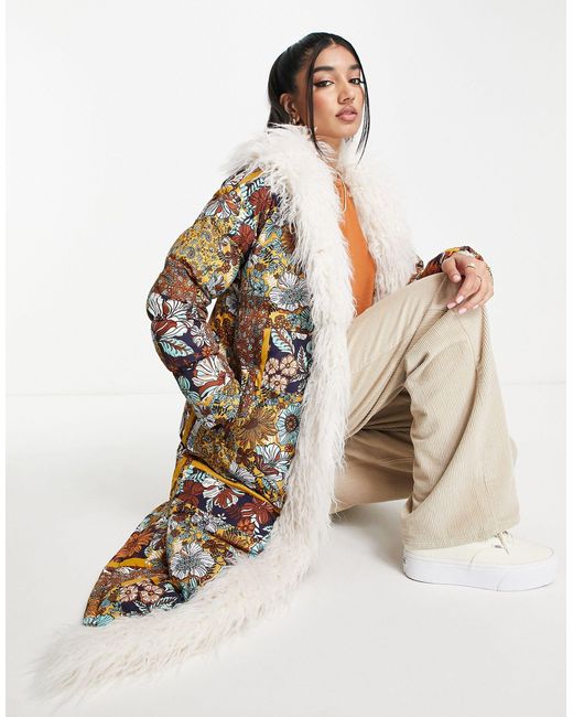 Miss Selfridge Natural Mongolian Faux Fur Longline Patchwork Print Puffer Coat