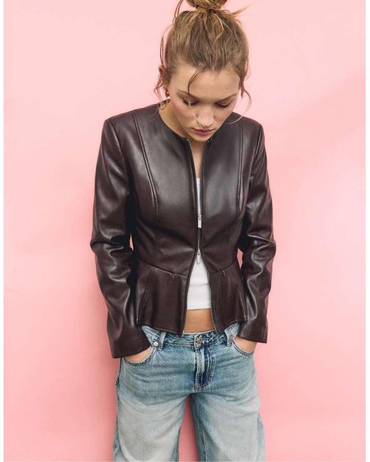 Stradivarius Pink Collarless Leather Effect Peplum Blazer